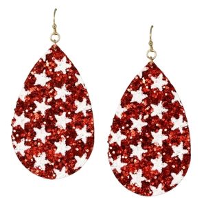 Patriotic Star Glitter Teardrop Earrings Red